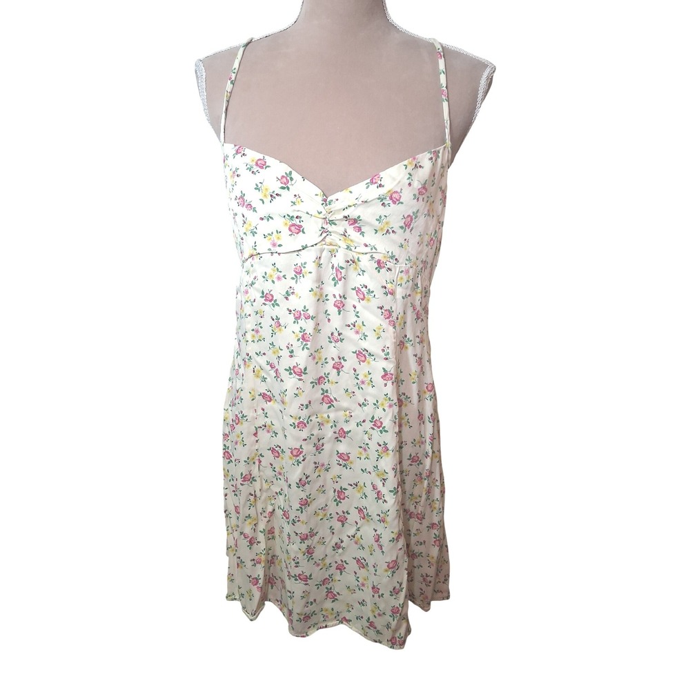 Zara Womens Floral Mini Dress Cream Pink Yellow Open Back Tie Spaghetti Strap XL